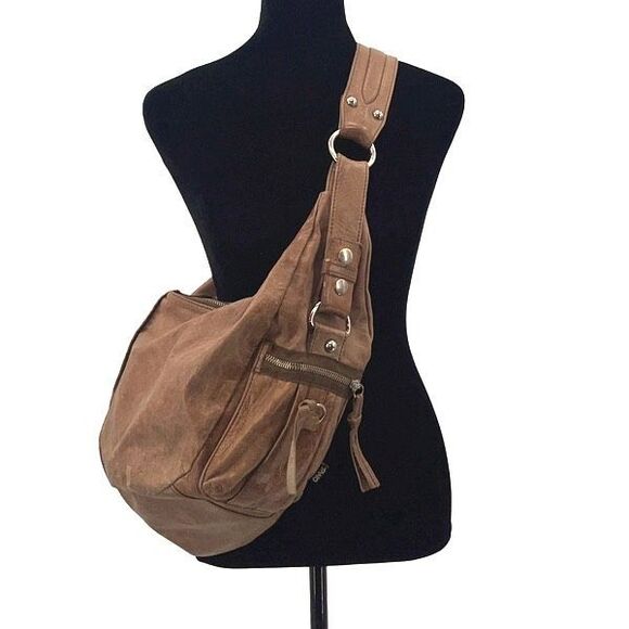 Tano Womens Distressed Studded One Strap Leather Hobo Handbag Brown OS - Picture 3 of 8